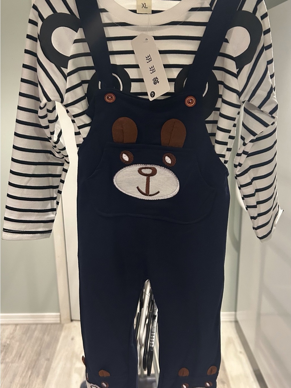 Kids Bear Applique Navy Overalls with Striped Top